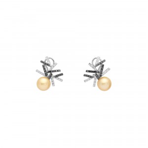 Pendientes V diamantes blancos y negros y perlas golden Pendientes V diamantes blancos y negros y perlas golden